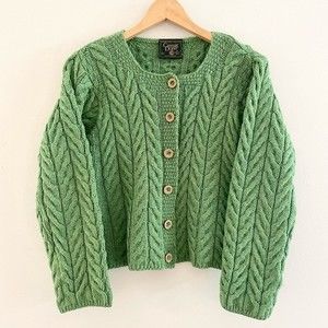 CARRAIG DONN | Irish Merino Wool Cable Knit Fisherman’s Cardigan Green Size S
